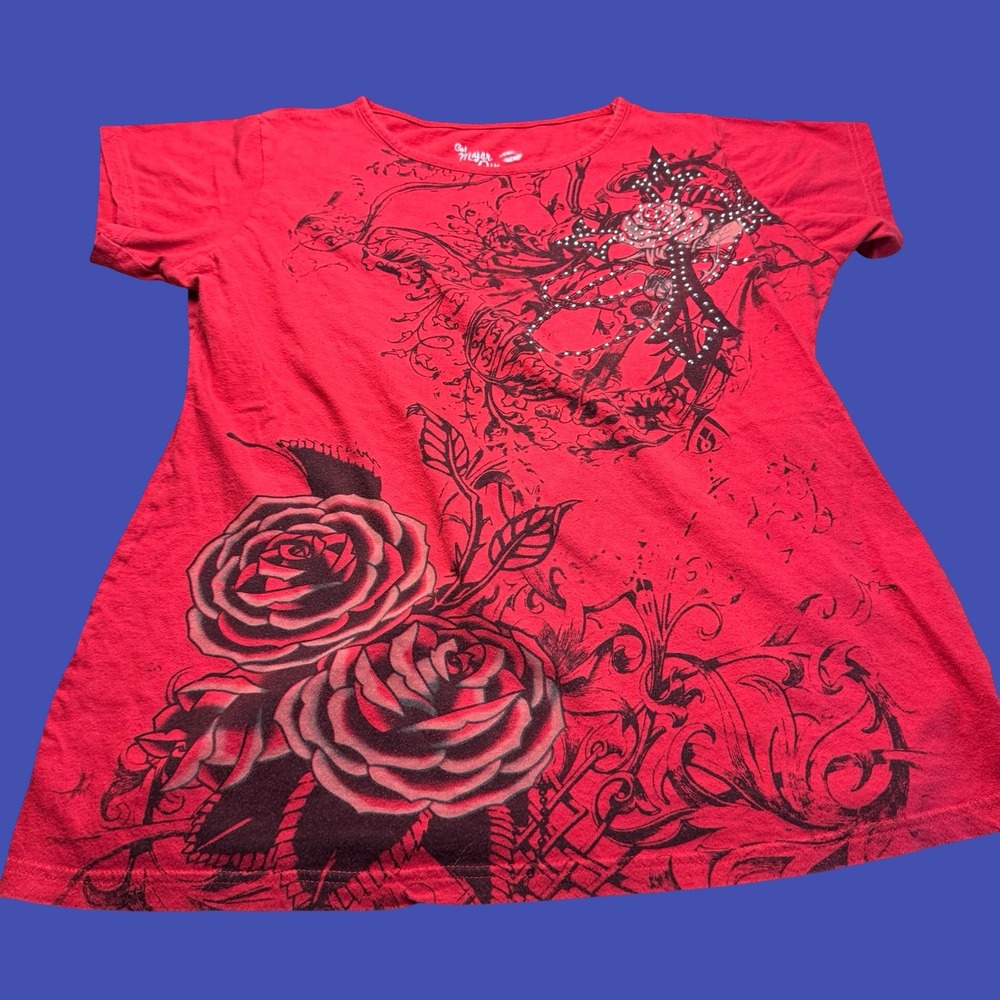 Major Attitude Womens T Shirt 1X Red Rhinestone Cross Rose Double Sided Graphic